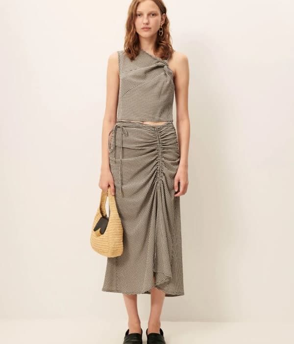 Draped Gingham Midi Skirt